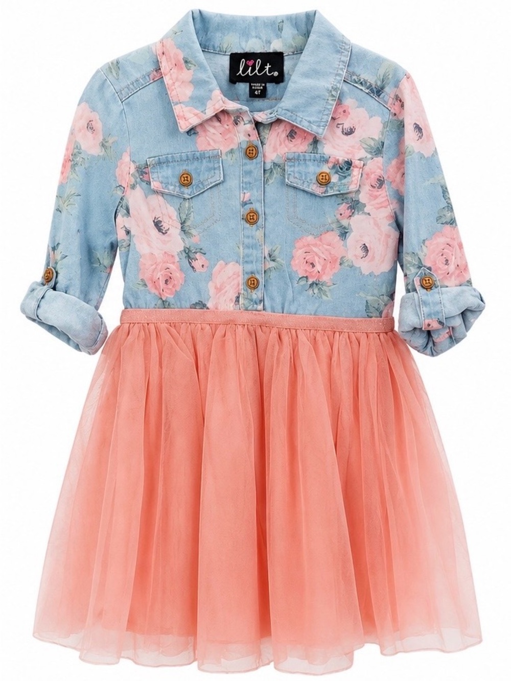 lilt Pink Floral Denim Bodice Coral Tulle Skirt Dress